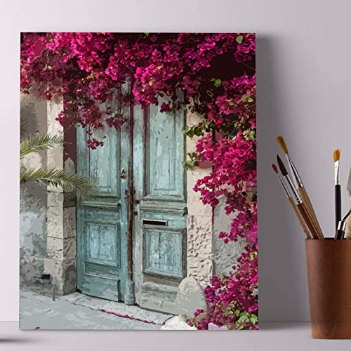 Paint By Number Diy Italian Town Violets Blooming At The Door Acrylic Canvas Oil Painting Set For Children Adults Beginner Handmade Artwork Home Living Room Wall Decoration Holiday Gift（Manual Frame） #TOP2