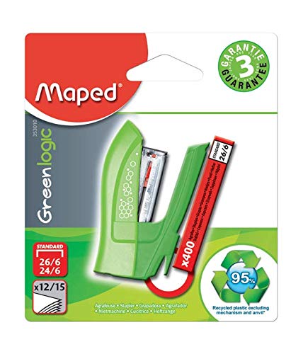 Maped - Hefter GREENLOGIC Standard Mini 24/6 - 12/15 Blätter - inklusive 400 Heftklammern 24/6 - mit eingebautem Heftklammernzieher - aus 95% recyceltem Material,
