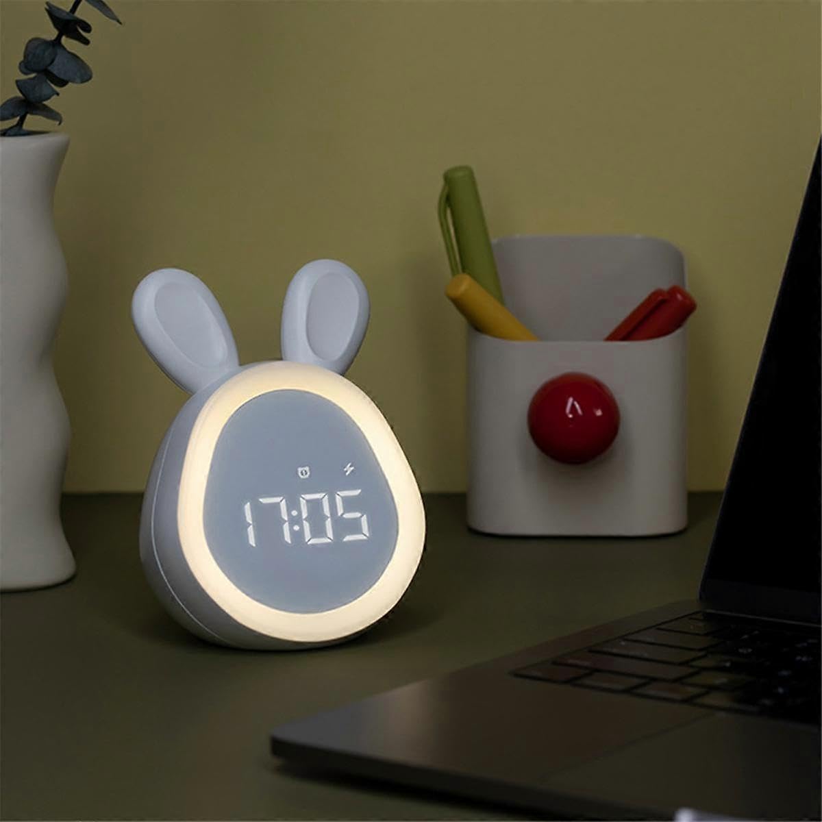 JOYHAPPST Children Cute Alarm Clock with Night Light Stepless Dimming LED Digital Alarm Clock for and White