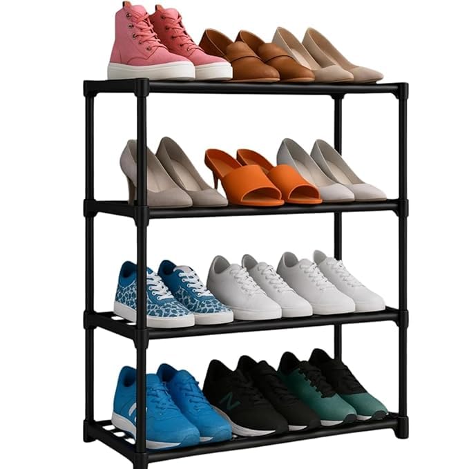 Foldable Plastic Shoe Rack, 4 Shelf, Black, Multipurpose Storage, 60x30x80 cm, Floor Mount, Rectangular-picture-23