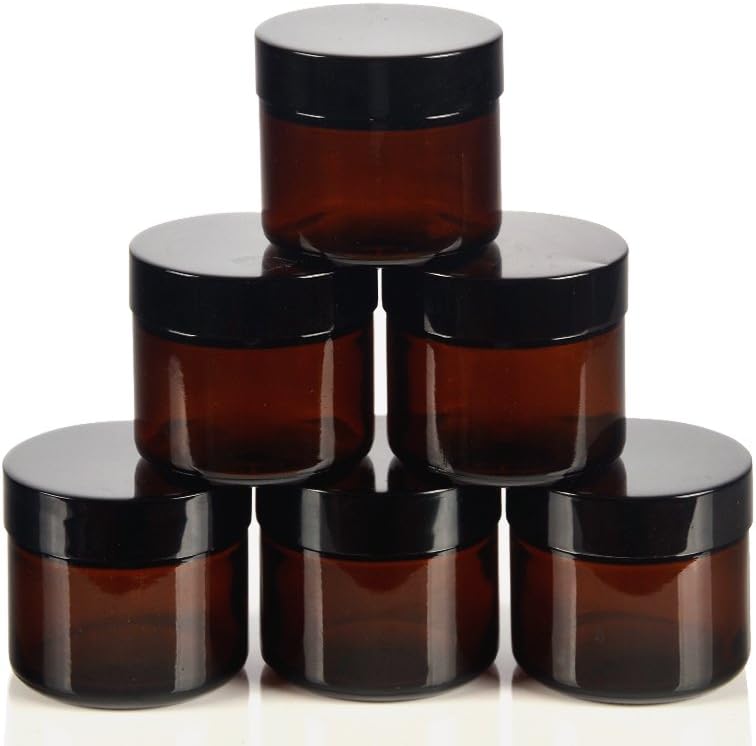 SHiZAK 60 ml 2 oz Amber Round Glass Jars with Black Lids and White Inner Liners Great Perfect for Cosmetics and Face Cream Lotion and Personal Care Products and More (Pack of 6)