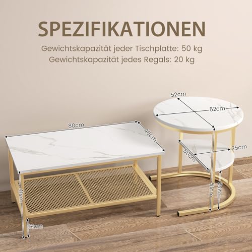 COSTWAY 2er Set Couchtisch, Beistelltisch Marmor Optik mit Metallrahmen & Ablage, Kaffeetisch Wohnzimmertisch Sofatisch für Wohnzimmer, Schlafzimmer (Weiß + Golden) – Bild 4