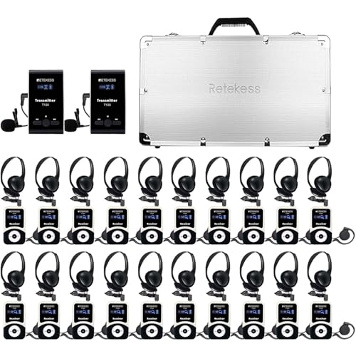 Retekess T130 Tour Guide Headset, sistema para guía turística con auriculares over ear, para interpretación simultánea, fábrica, escuela, estilo clásico, fácil de usar, 2 transmisores 20 receptores miniatura 1