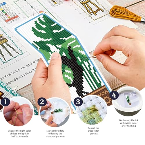 Image of FREEBLOSS 6 Set Cross Stitch Bookmark Kits Cat and Potted Plants Stamped Cross Stitch Kit for Beginners, Printed Embroidery Bookmarks Kit with Instructions for Adults, 8''x2.4''