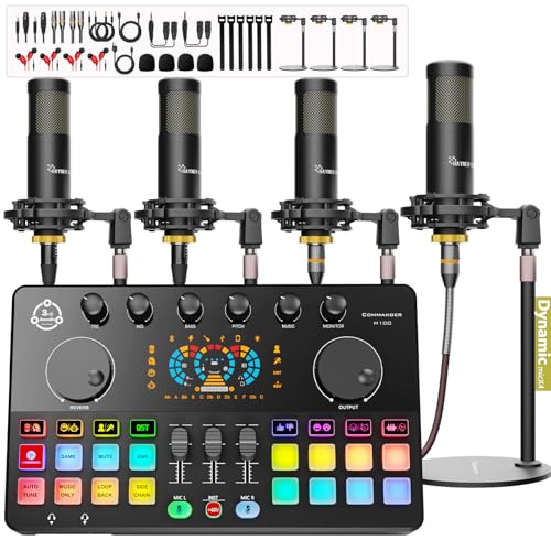 Podcast Equipment Bundle for 4, Audio Interface with 4 Dynamic Microphone, 4 Desktop Mic Stands, Voice Change, DJ Mixer for Vocal Recording Podcasting,Streaming,Singing TikTok, COMMANDER M100 3rd