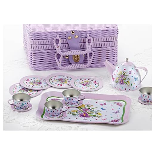 Delton Children's Tin Tea Set in Basket, 15 Pcs, Pansy