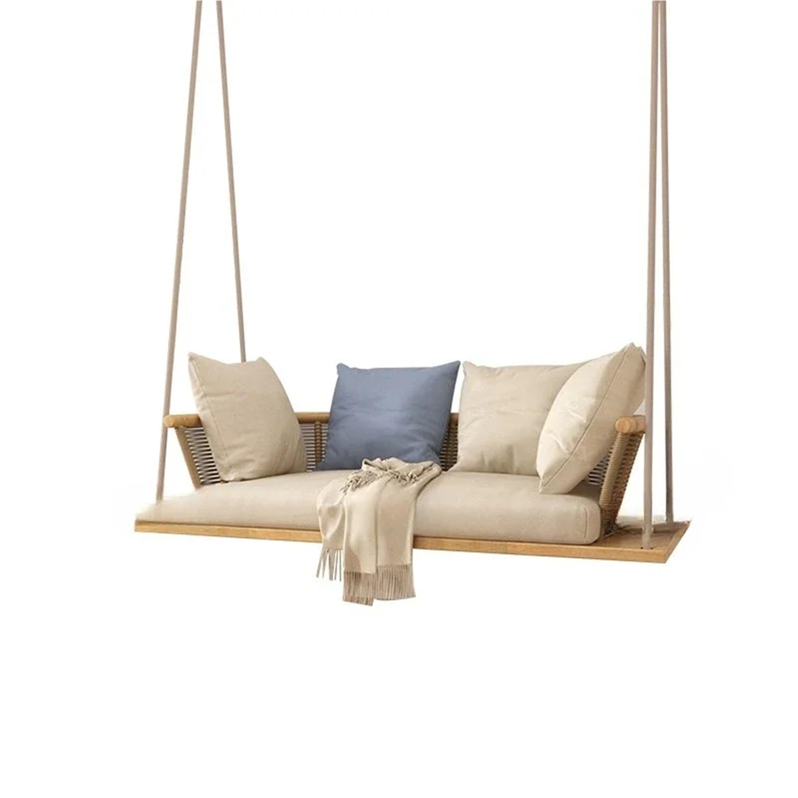 Wooden Swing Bench Outdoor Solid Wood Patio Swings Chair Indoor Adult Hanging Rattan Balcony Lazy Swing Chairs Home Room Rocking(Double-Brown-blue)