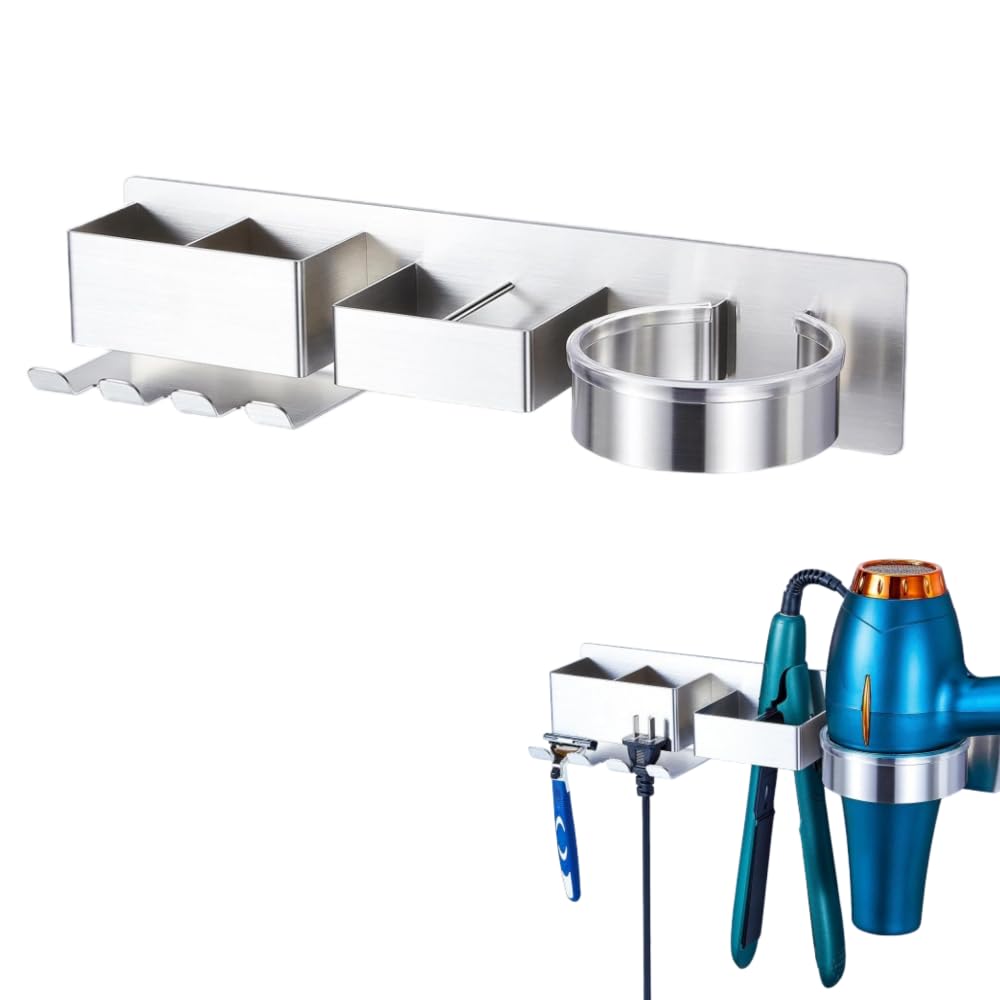Porta Phon e Piastra Porta Asciugacapelli Autoadesivo con Scomparti Porta Phon da Parete Porta Piastra per Capelli in Spaziale Alluminio Supporto per Asciugacapelli e Piastra lisciante, Argento