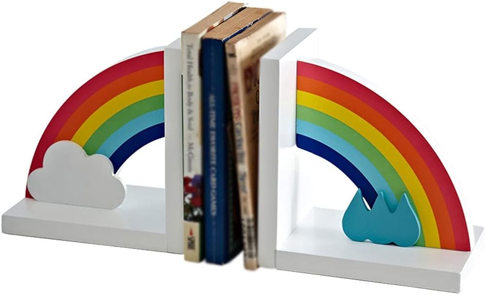 Home Bookshelf Wooden Rainbow Book Ends Non-Skid Cute Kids Bookends for Girls Home Children's Room Classroom Nursery Decor, Pack of ​Shelves