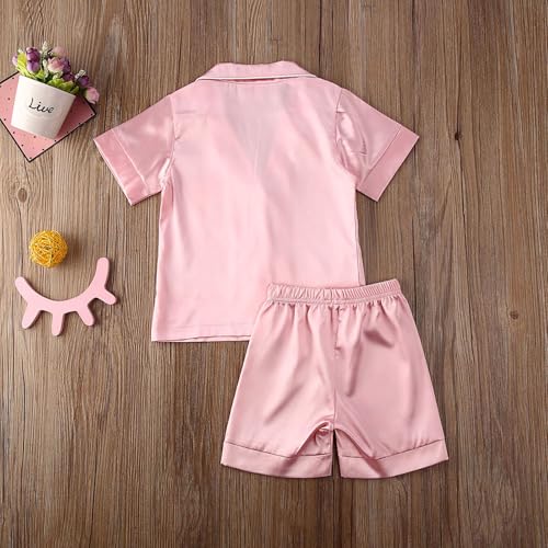 Toddler Baby Girl Boy Satin Pajamas Set 2Pcs Button Down Pjs Solid Color Short Sleeve Silk Top And Shorts Sleepwear3