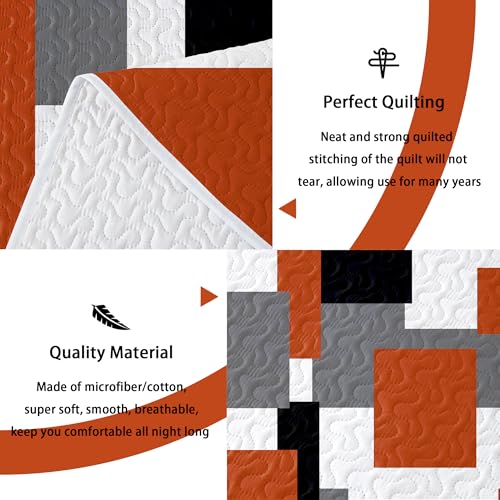 Image of Tyrot 3 Piece Orange Grey Quilt King Size Black White Gray Bedding Set | Lightweight Bedspread, Geometric Coverlet with 2 Sham, Modern Abstract Soft Microfiber, Bed Cover for All Season, 106''x96''