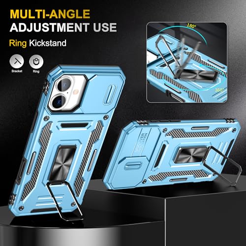 Image of Polycarbonate Slide Camera Cover with Ring Holder Mobile Phone Back Cover for iPhone 16 Plus (Blue)
