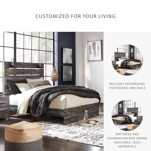 Image of Signature Design by Ashley Drystan King Panel Bed Frame with LED Sconce Lights, USB Power Ports, Engineered Wood and Decorative Laminate, Master Bedroom Setup, Dark Brown & Gray