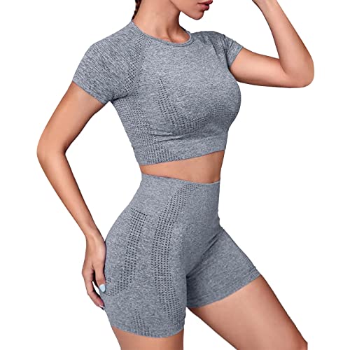 Roupas de treino para mulheres, 2 peças caneladas, sem costura, crop regata, leggings de ioga de cin