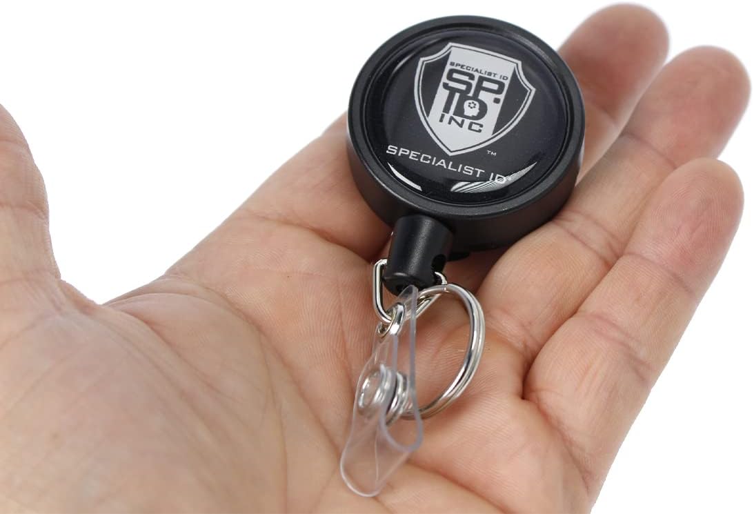 5 Pack - Heavy Duty Retractable I'd Badge Holder Keychain Reel - Strong Polycarbonate Plastic Case w/Metal Swivel Belt Clip, Key Ring & Vinyl Strap for Multiple Keys & Badges by Specialist ID (Black)