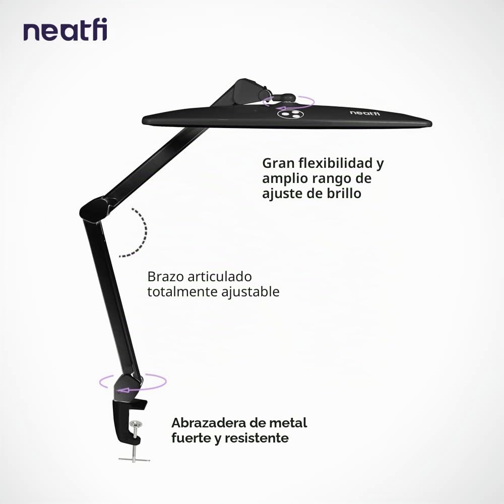 Neatfi Elite HD XL Lámpara de Escritorio – 1,600 Lúmenes, Cabezal Ancho de 58 CM, Luz de Día 6500K | Regulación Continua, Ajustable | Oficina, Estudio y Espacio de Trabajo en Casa (Negro)