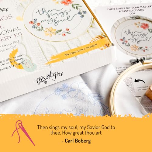 Image of Elly & Grace Christian Embroidery Kit with Embroidery Hoop, Easy Embroidery Kit for Beginners and Adults, Full Embroidery Hoop Kit with Needles and Thread Included (Then Sings My Soul)