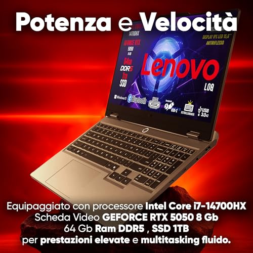 Loq Pc Gaming Portatile i7 14700HX, 64 GB RAM DDR5, GeForce RTX 5050 8GB, SSD 1TB, Notebook Gaming Display IPS 15,6" FHD 144Hz, Laptop Gaming Tastiera Retroilluminata, Wi-Fi 6, Thunderbolt - Notebook - Immagine 3