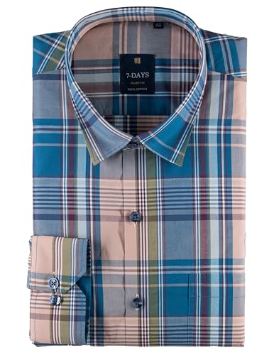 Image of 7-DAYS Men's Premium Check Shirt - 100% Cotton, Tailored Fit (Between Slim & Regular), Full Sleeve, with Pocket - Smart Office & Casual Look