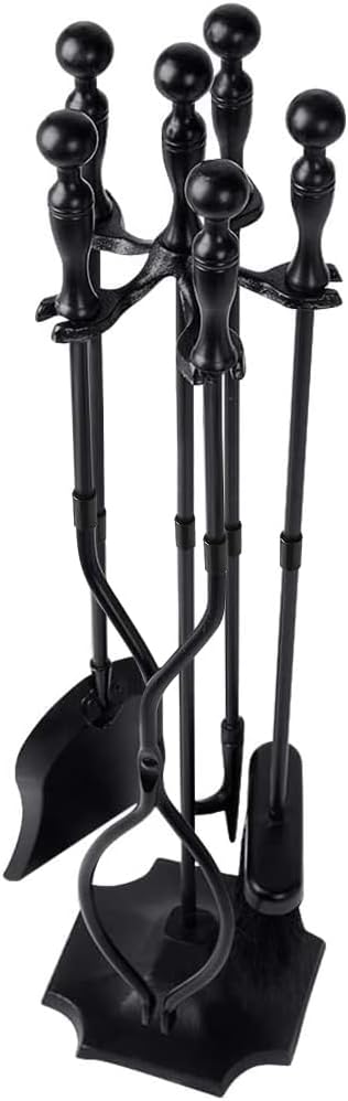 Rustic Fireplace Tools 5 Pieces Wrought Iron Tool Set Fireset Firepit Fire Place Pit Poker Wood Stove Log Tongs Holder Tools Kit Sets with Handles Black Fireplaces Hearth Decoration Accessories