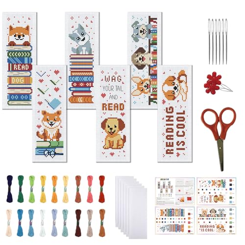 Image of FREEBLOSS 6 Set 11CT Cross Stitch Bookmarks Kit Puppy&Books Stamped Cross Stitch Kit DIY Embroidery Bookmark Set with Instruction for Adults Beginners Gift for Reading Enthusiasts 20x6cm /8x2.4inch