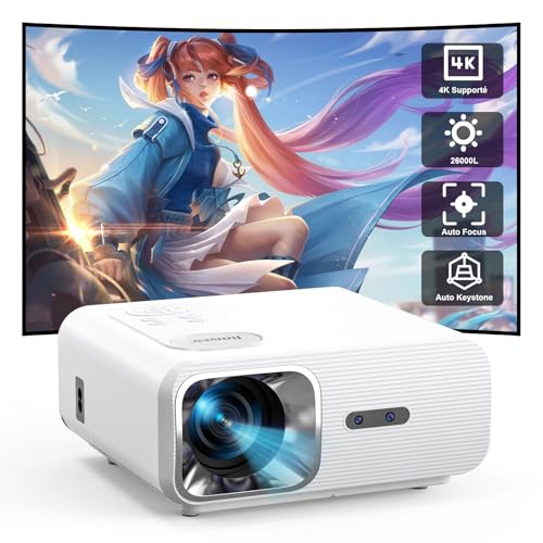 Jimveo 4K Beamer [Auto Fokus & Auto Keystone] 30000L 1080P Full HD WiFi6 Bluetooth5.2 Projektor 50% Zoom 400'' Display LED, Unterstützt 4K Heimkino, Kompatibel mit TV Stick, PC