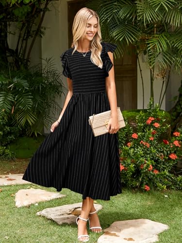 Image of Simplee Womens Striped Midi Summer Dress Linen Smocked Flutter Short Sleeve Dress Flowy Casual Dress with Pockets