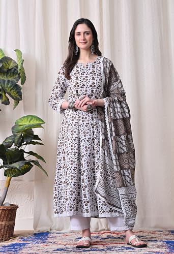 Image of MEERA FAB Women's Cotton Printed Anarkali Kurta with Palazzo & Dupatta Set