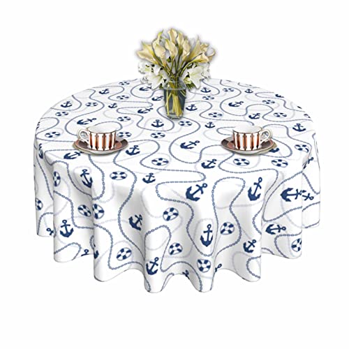 Pzoyubi Nautical Tablecloth Round 60 Inch Summer Tablecloth Blue Anchor Tablecloth Washable Table Cloth For Holiday Outdoor Kitchen Dining Table Decor #TOP27