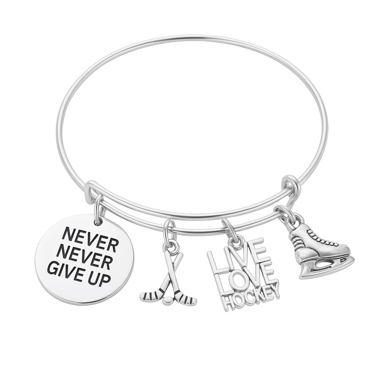 Sportybella Hockey Bracelet, Hockey Jewelry- Ice Hockey Never Give Up Bangle Bracelet- Gift for Hockey Players