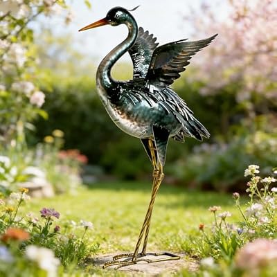 chisheen Crane Garden Statue Sculpture, Metal Heron Outdoor Decor, Yard Art Bird Decoy for Backyard Pond Patio Porch Lawn Decorations