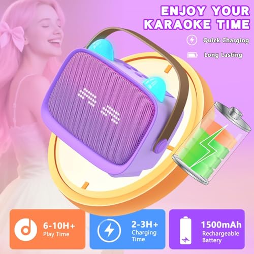 Image of ShinePick Mini Karaoke Machine for Kids with 2 Wireless Mics, Portable Bluetooth Speaker with 5 Magic Voice Effects & RGB Emoji LED Lights, Rechargeable Party Box Birthday Gift for Boys Girls (T99)