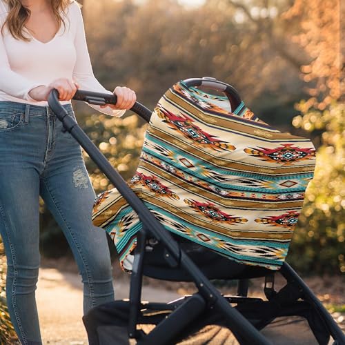 Image of Nativa American Indian Tribal Aztec Stripe Geometry Print Nursing Cover Breastfeeding Scarf Southwest Red Pattern Baby Car Seat Covers, Infant Canopy Stroller Coverage for Girls Boys