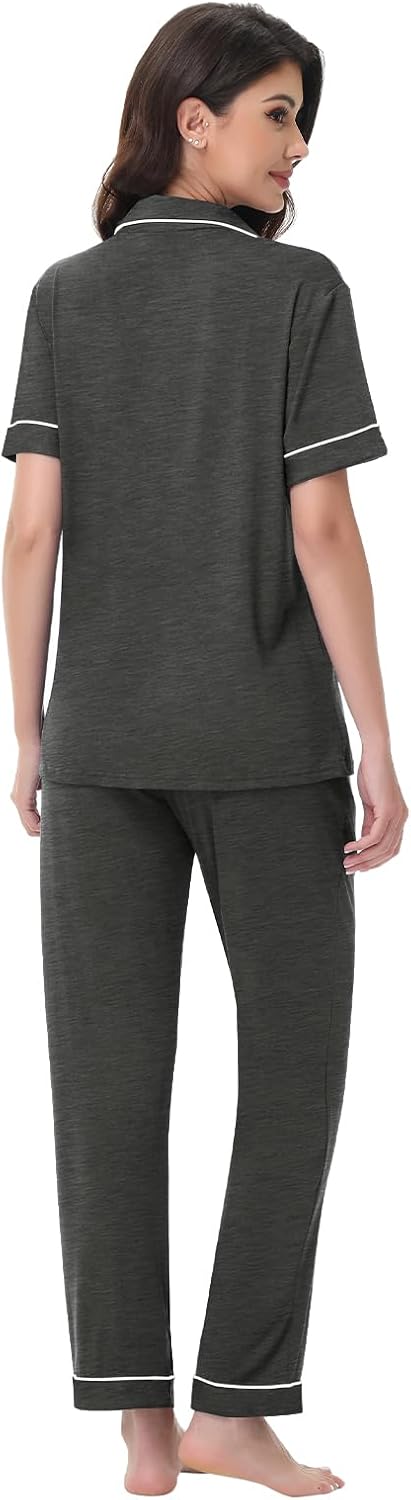 Womens Modal Pajama Set 2 Piece Soft Lounge Set Short Sleeve Button Up Pajama Comfy Pj Pants With Pockets S-3XL - Image 2