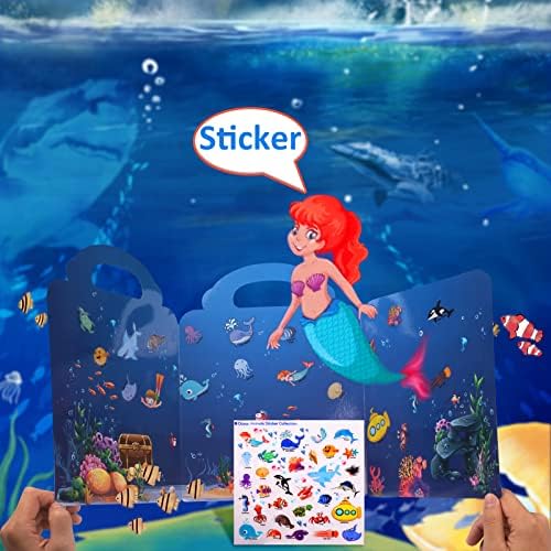 funvce 2 Pcs Reusable Sticker Books for Toddlers, Ocean and Animal Model Sticker Book, Multicolor Scene Sticker Book with with PVC Static Sticker for Children Aged 3-8, Themed Party, Birthday Gifts
