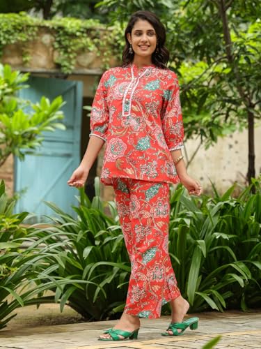 Image of Leriya Fashion Women's Rayon Floral Co Ord Set Stylish | Kurta Set | Ethnic Co Ord Set | Designer Kurta Set Trendy Korean Summer Travel Outfit | Lightweight Two Piece Dress for Beach & Holiday Look
