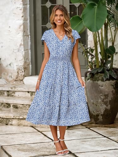 Image of BerryGo Women's Floral Boho Ruffle Summer Midi Dress Short Sleeve V Neck Empire Waist Swing Flowy Dress