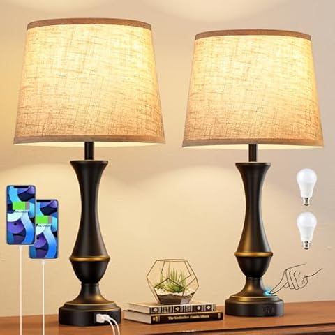 Upgraded Touch Lamps for Bedrooms Set of 2 - Nightstand Table Lamp with USB C+A, 3 Way Dimmable Bedside Lamps for Living Room End Tables, Farmhouse Bedroom Lamps Night Stand Lamps for Office Cover