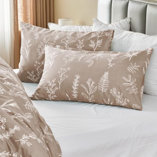 MUXHOMO Duvet Cover Full Size, Reversible Floral Taupe Duvet Cover Set with Zipper Closure, 3 Pieces Botanical Patterns Soft Microfiber Bedding Set with 4 Ties (80"x90", 2 Pillow Cases)