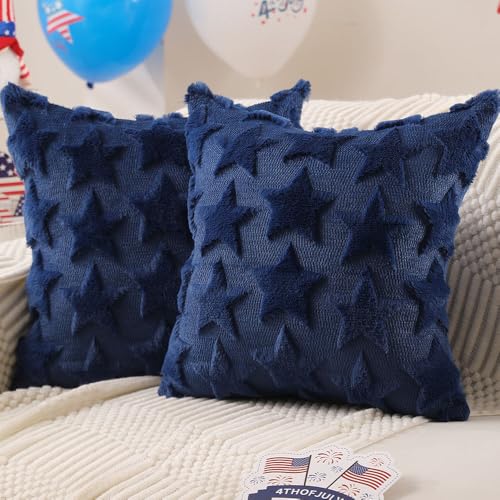 DFXSZ 4th of July Pillow Covers 20x20 inch Set of 2 4th of July Decor Blue Stars Decoration Soft Plush Faux Fur Jacquard Throw Pillows Independence Day Decorations for Bedroom Sofa Holiday PTK025A20
