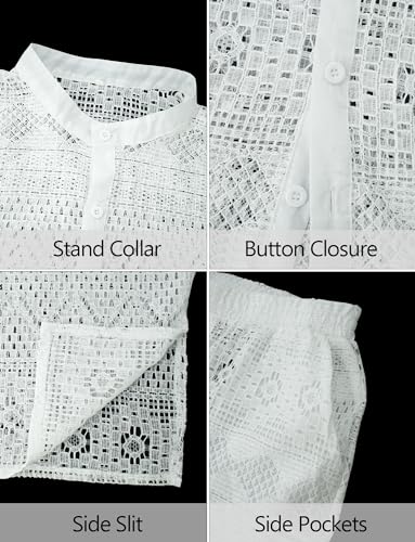 FEOYA Men Lace Mesh 2 Piece Outfits See Through Casual Shirts and Shorts Hollow Out Shorts Set2
