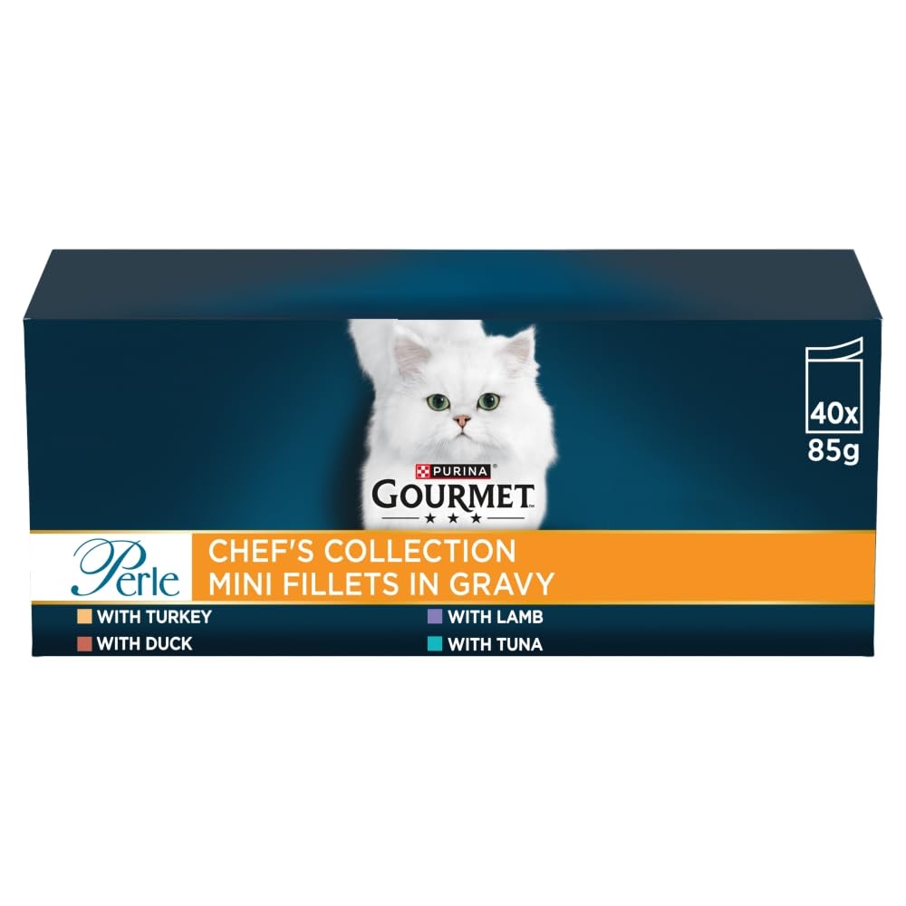 Perle Chef's Collection Adult Wet Cat Food Mini Fillets in Gravy Variety Turkey, Tuna, Duck, Lamb 40 x 85g Pouches