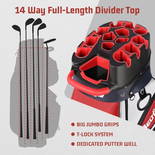 Beutyal 14 Way Golf Cart Bag with T Lock Top & Full Length Dividers, USA Flag Men's Golf Club Cart Bag Premium Cart Golf Bag with Cooler and Rain Cover