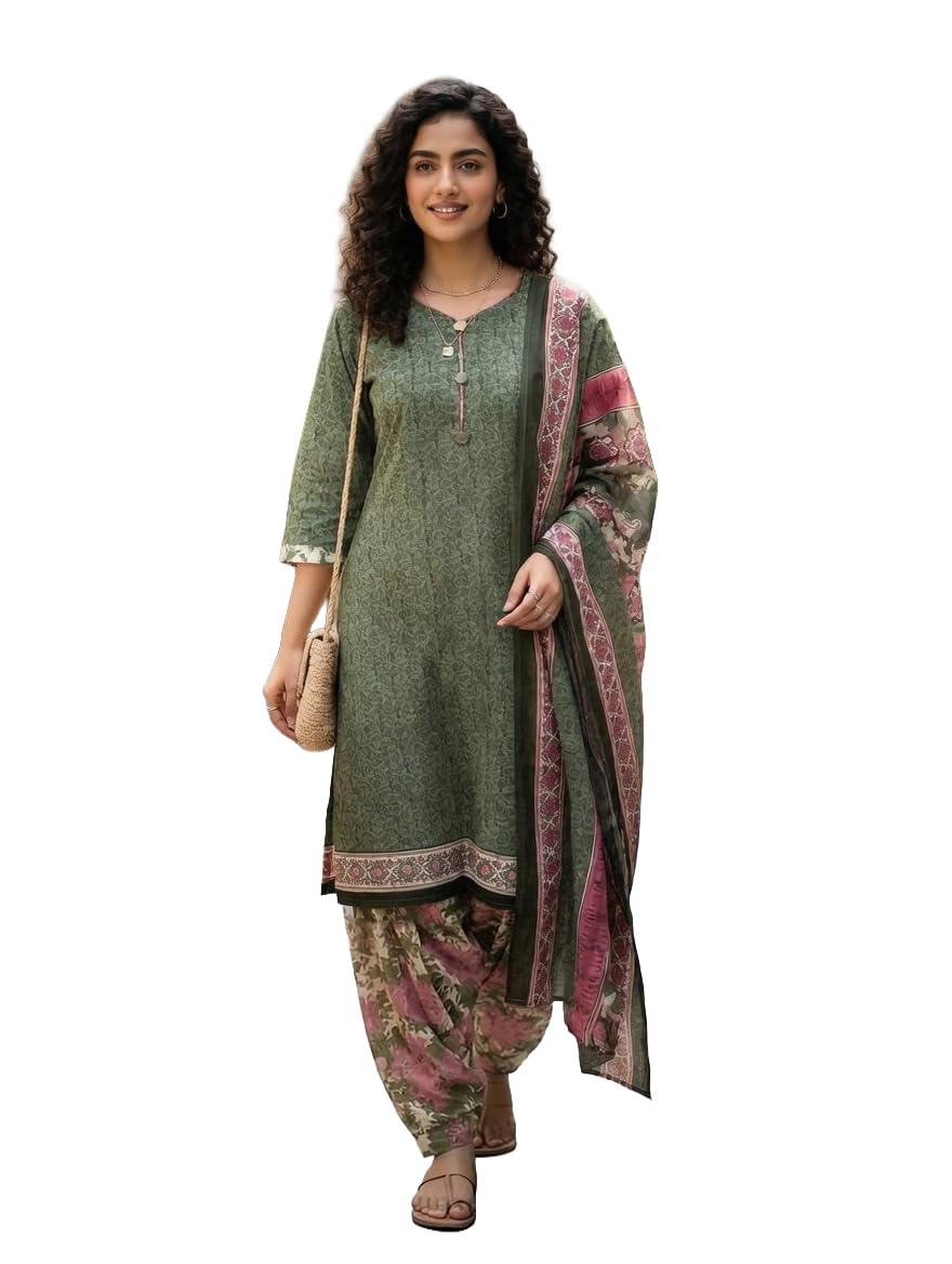 Rajnandini Olive Green Cotton Blend Printed Ready to Wear Patiala Salwar Suit (Readymade_P_JOPLVSRW5231-P)