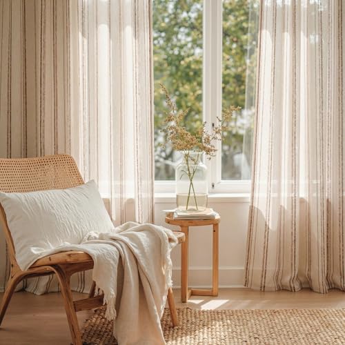 Image of MYSKY HOME Taupe Striped Patterned Curtains for Bedroom Living Room 96 Inches Long Tan Ticking Stripe Pinstripe Farmhouse Rustic Light Filtering Linen Blended Drapes, Grommet, 2 Panels, 52 inch Wide