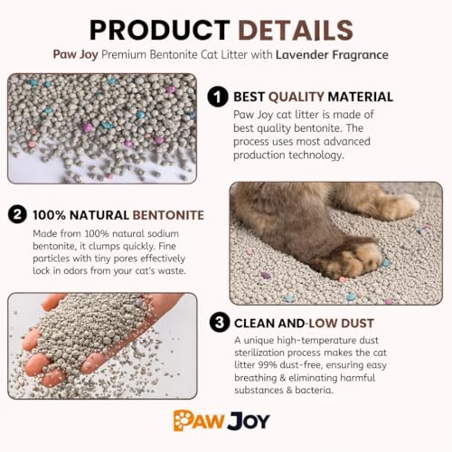 Image of Pawjoy Lavender Scented Bentonite Cat Litter 2kg Travel Pack | 100% Natural Clumping Clay | 99.9% Dust-Free | Odour Lock Technology | Gentle on Paws | Scoopable Litter Sand for All Cat Breeds