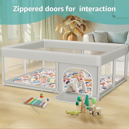 Image of 65 x 50 Inch Baby Playpen with Mat, PlayPen for Babies and Toddlers, Sturdy Safety Play Yard for Indoor & Outdoor with Zipper Gates