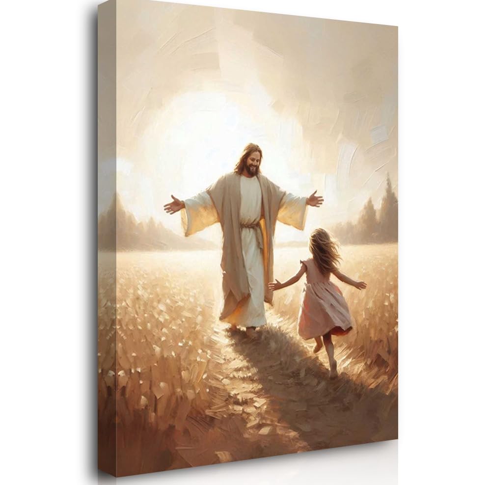 Reateforin Christian Art Wall Decor Jesus and Girl Wall Art Framed Jesus Pictures LDS Painting Bible Verse Canvas Prints Christ and Kids Posters God with Children Playing for Kids Room Nursery 24"x36" — image 1
