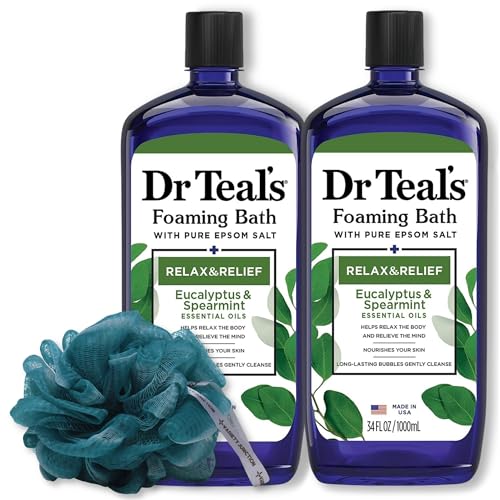 Dr. Teal's Eucalyptus and Spearmint Foaming Bath 34oz Bottles (Pack of 2) with Variety Junction Premium Bath Sponge - Relax and Relief, Bubble Bath, Relaxing, Men's and Women's, Clear