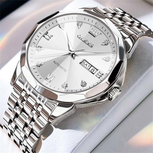 Image of OLEVS Watch for Men Automatic Classic Mechanical Watch Diamond Mirror Stainless Steel Dress Casual Waterproof Day /Date Calendar